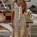 Yellow Geo Print V Neck Cut Out Short Sleeve Maxi Dress