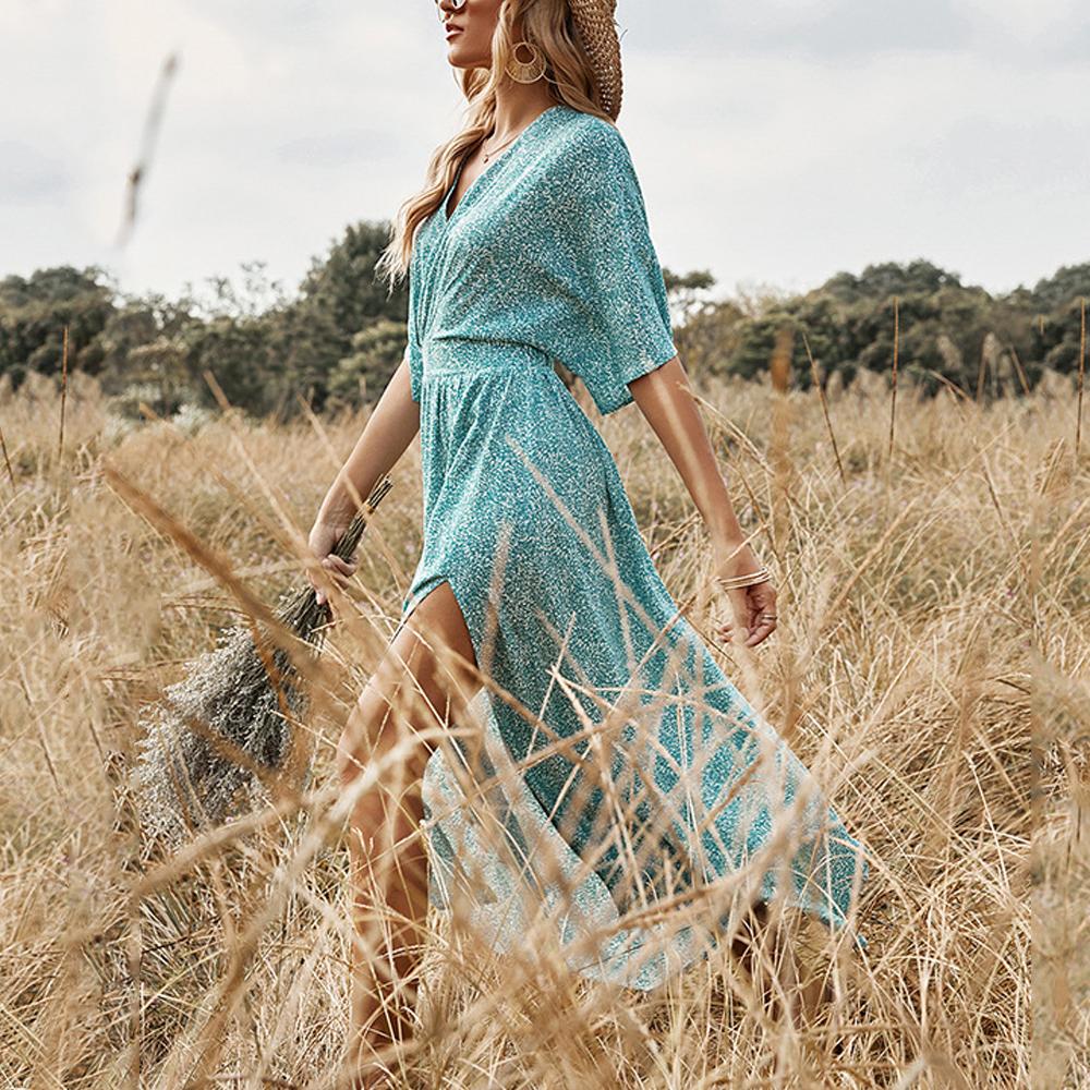 Green Allover Print Dolman Sleeve V Neck Slit Thigh Dress