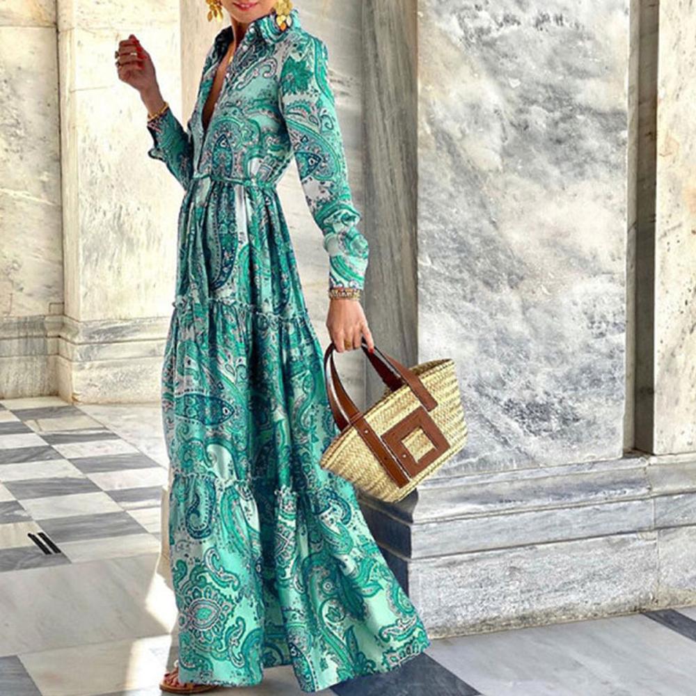 Floral Print Ruched Detail Lapel Collar Long Sleeve Ruffle Hem Belted Shirt Dress