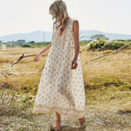 White Ditsy Yellow Floral Print Round Neck Sleeveless Long Dress