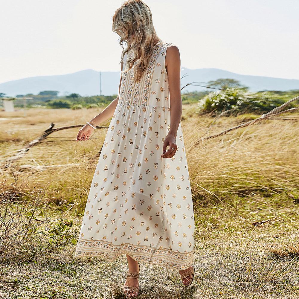 White Ditsy Yellow Floral Print Round Neck Sleeveless Long Dress