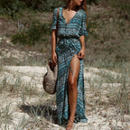Floral Print Half Sleeve Button Front Tie Waist Split Thigh Dress