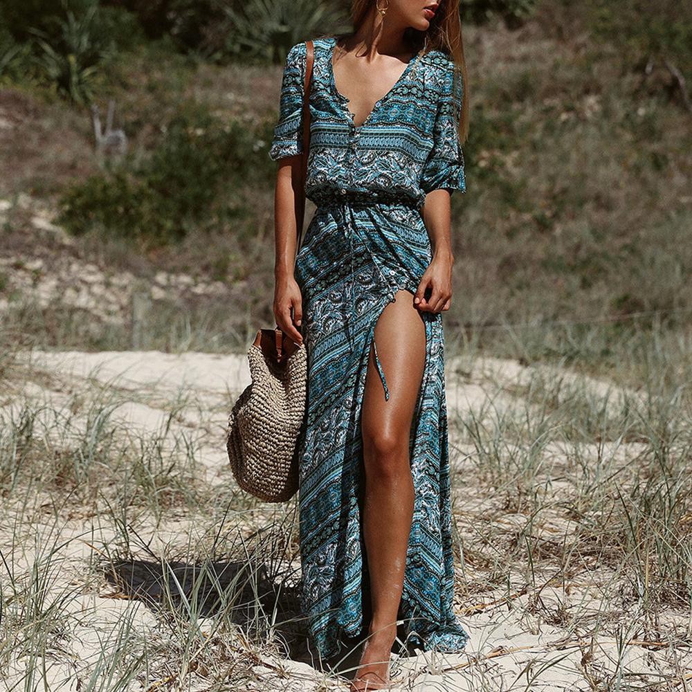 Floral Print Half Sleeve Button Front Tie Waist Split Thigh Dress