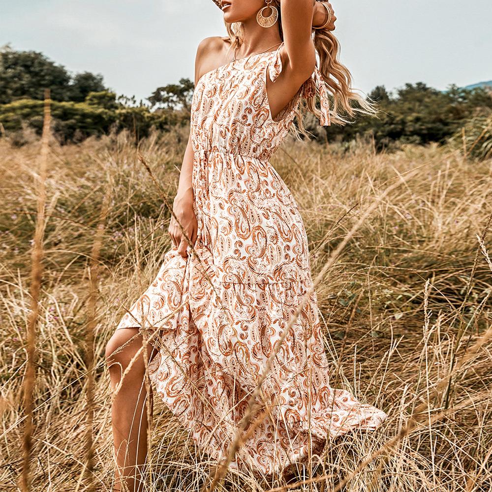 Allover Floral Print Knot One Shoulder A-line Maxi Dress