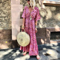Pink V Neck Floral Print Tie Waist Half Sleeve Ruffle Hem Long Dress