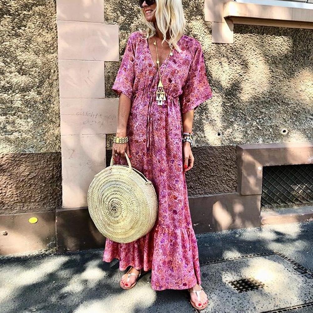 Pink V Neck Floral Print Tie Waist Half Sleeve Ruffle Hem Long Dress