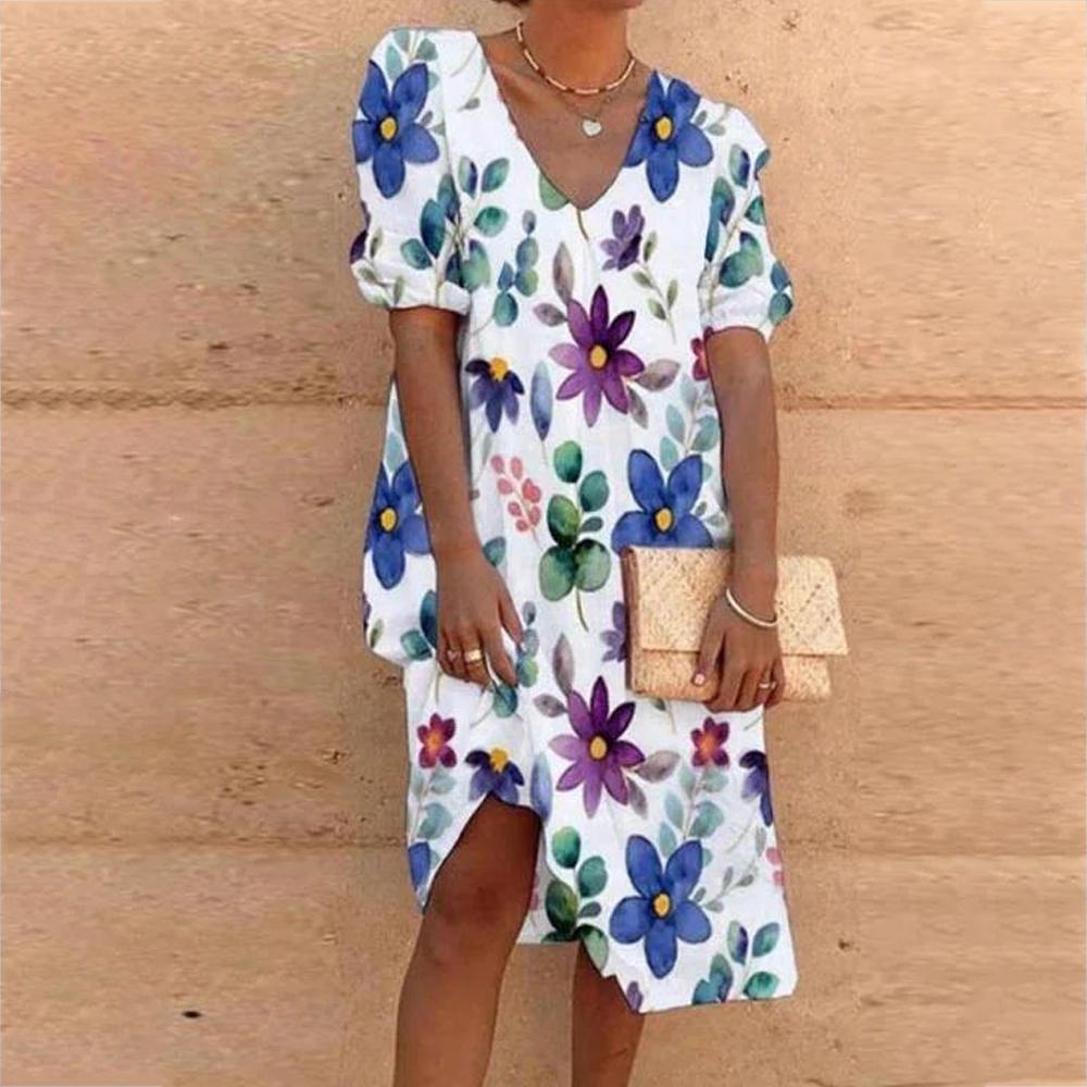 White V Neck Floral Print Short Sleeve Loose Dress