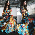 Tropical Leaves & Floral Print Lantern Sleeve V Neck Belted Maxi Dress