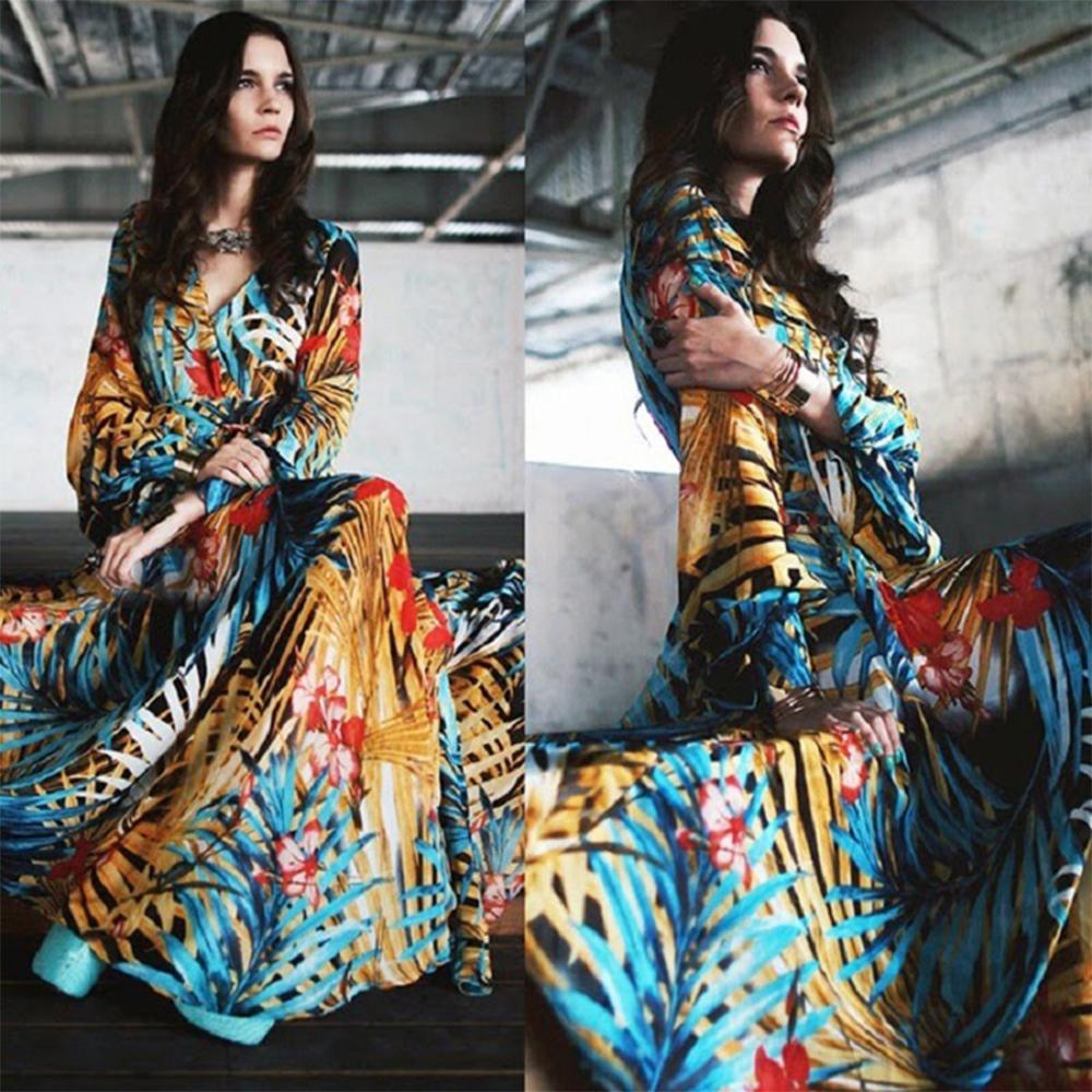 Tropical Leaves & Floral Print Lantern Sleeve V Neck Belted Maxi Dress