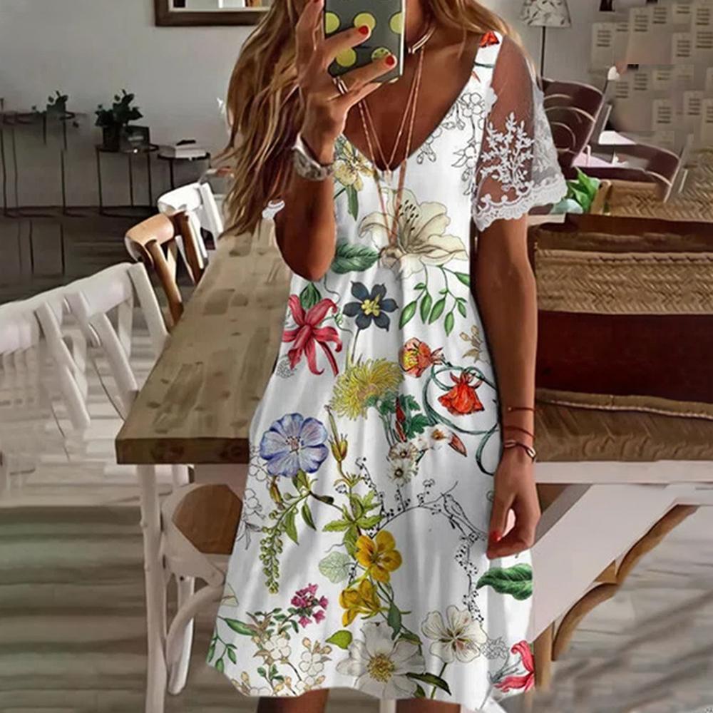 White V Neck Floral Print Contrast Lace Short Sleeve Dress