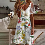 White V Neck Floral Print Contrast Lace Short Sleeve Dress