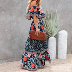 Allover Floral Print Off Shoulder Ruffle Hem Belted Maxi Dress