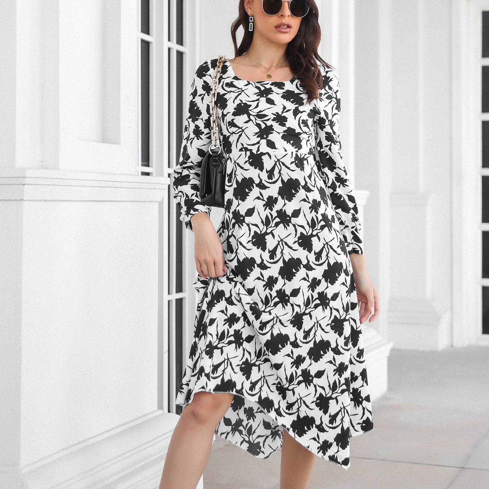 Floral Print Bishop Sleeve Asymmetric Hem Square Neck Dress