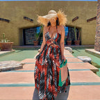 Tropical Print Lace Up Front Split Thigh Sexy Maxi Dress
