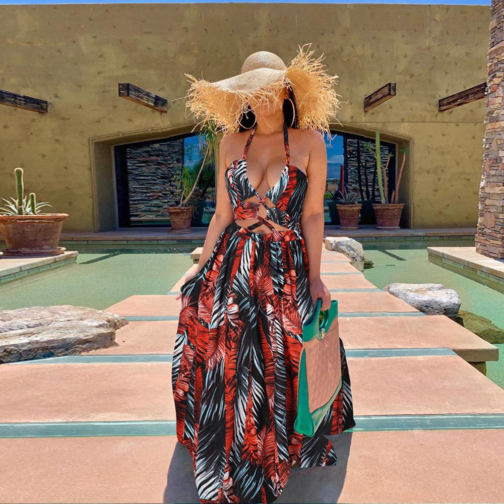 Tropical Print Lace Up Front Split Thigh Sexy Maxi Dress
