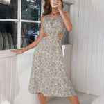 Ditsy Floral Print Round Neck Sleeveless Cut Out Waist Dress