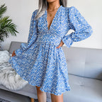 Elegent Chiffon Dress Floral Printed Deep V-neck Midi Party Dress