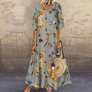 Beige & Light Green Allover Floral Print V Neck Three Quarter Length Sleeve Maxi Dress