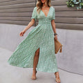 Puff Sleeve Button Detail Shirred Waist Ditsy Floral Print Slit Hem Dress