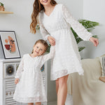 Mommy and Me Long Sleeve V Neck Midi Chiffon Dress Mother Daughter Solid Matching Dress