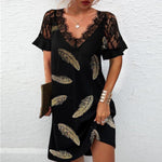 Black V Neck Floral & Feather Print Contrast Lace Short Sleeve Dress