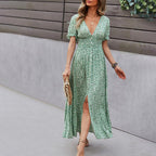 Puff Sleeve Button Detail Shirred Waist Ditsy Floral Print Slit Hem Dress