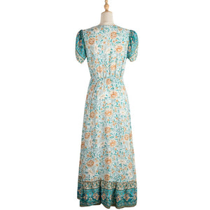 Paisley & Floral Print Surplice Sleeve Knot Waist V Neck Dress