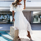 Off Shoulder Floral Hollow Ruffle Trim Asymmetrical Hem Dress