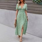 Puff Sleeve Button Detail Shirred Waist Ditsy Floral Print Slit Hem Dress