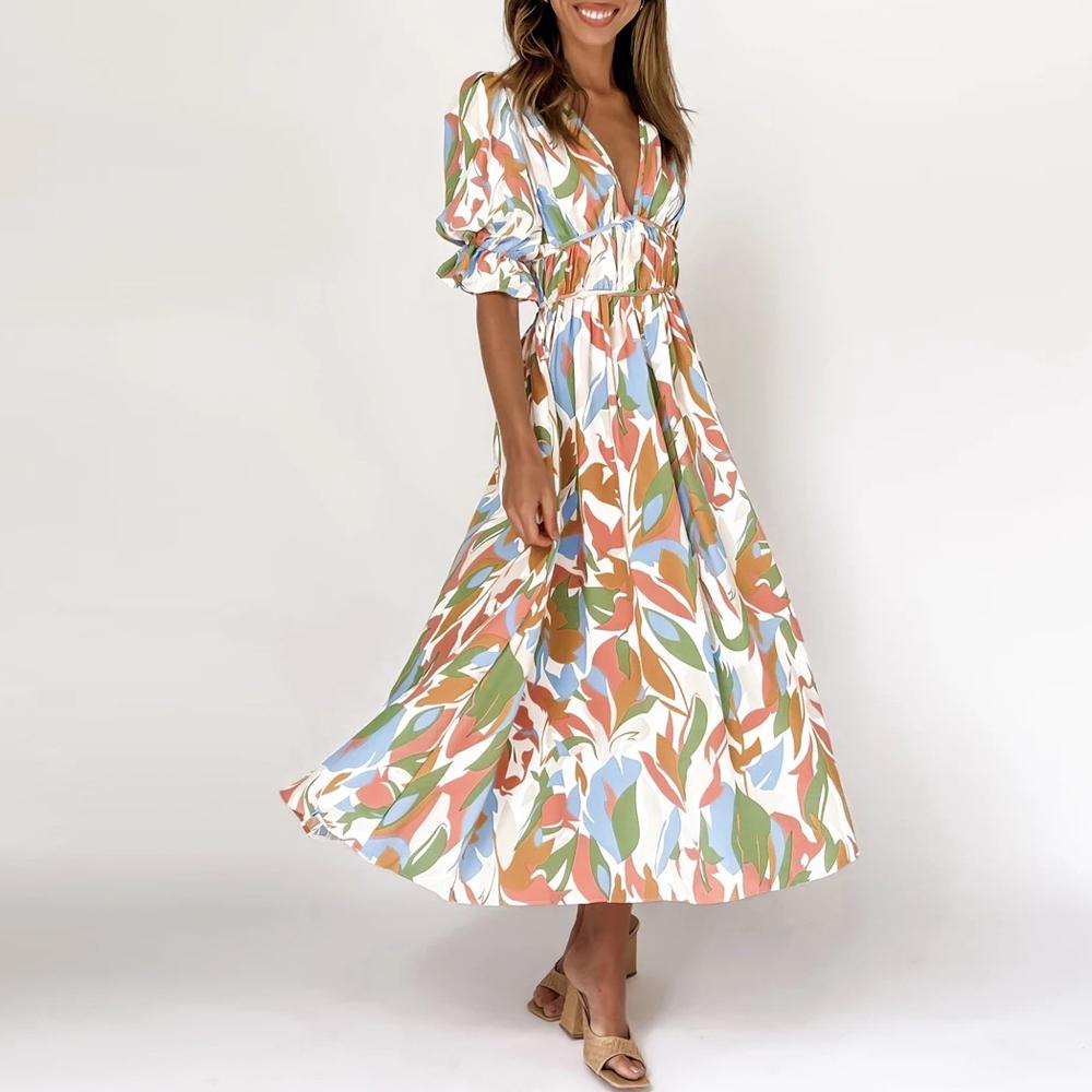 Green Floral Print Shirred Waist V Neck Flounce Sleeve A-line Dress
