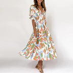 Green Floral Print Shirred Waist V Neck Flounce Sleeve A-line Dress