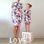 Mommy and Me Geometric Pattern Dress and Hoodie Round Neck Long Sleeve Matching Outfit