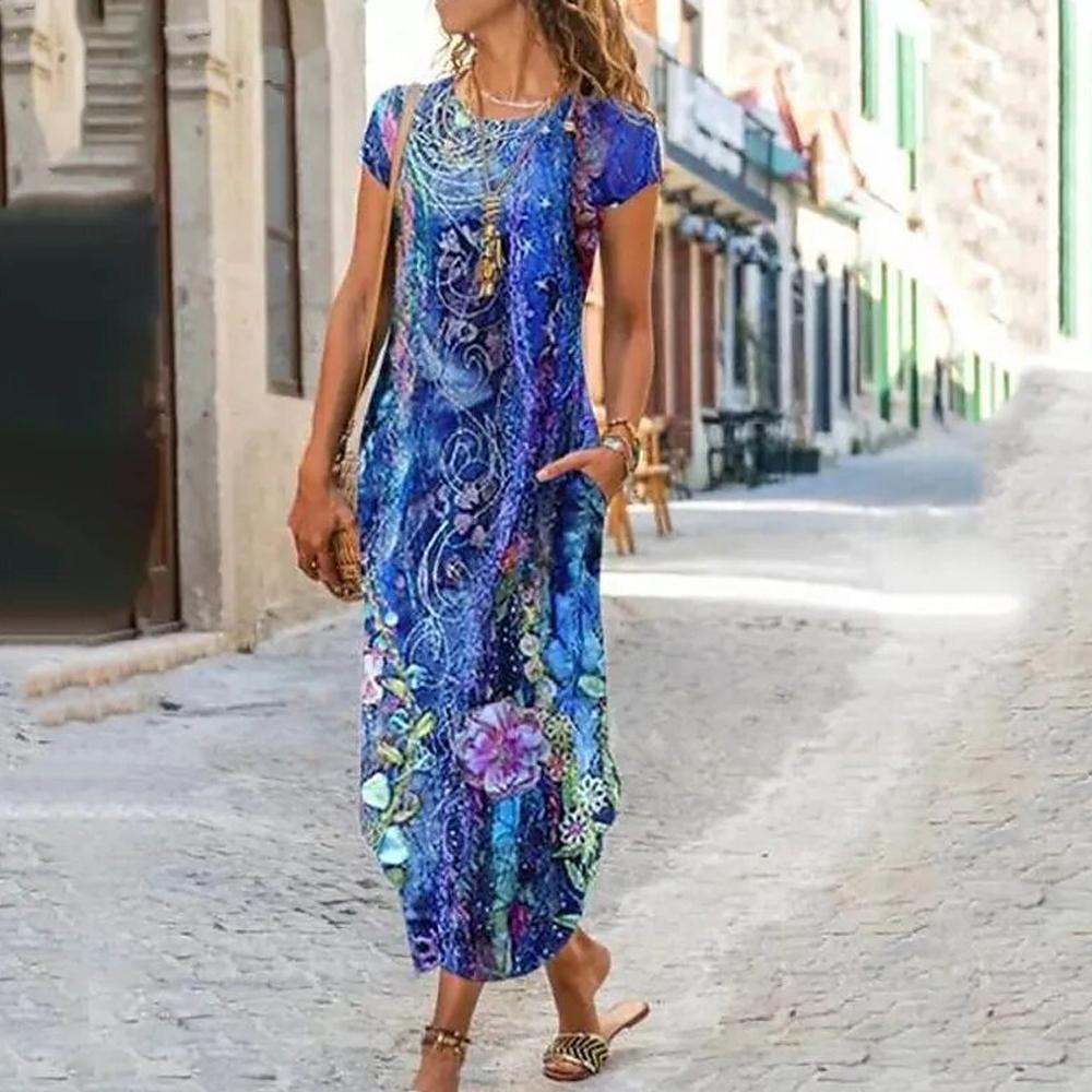 Floral Print Round Neck Short Sleeve Long Dress