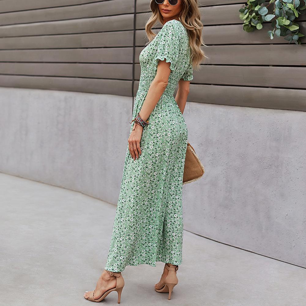 Puff Sleeve Button Detail Shirred Waist Ditsy Floral Print Slit Hem Dress