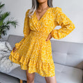 Fashion Long Sleeve Chiffon Dress Floral Printed Deep V-neck Midi Party Dress