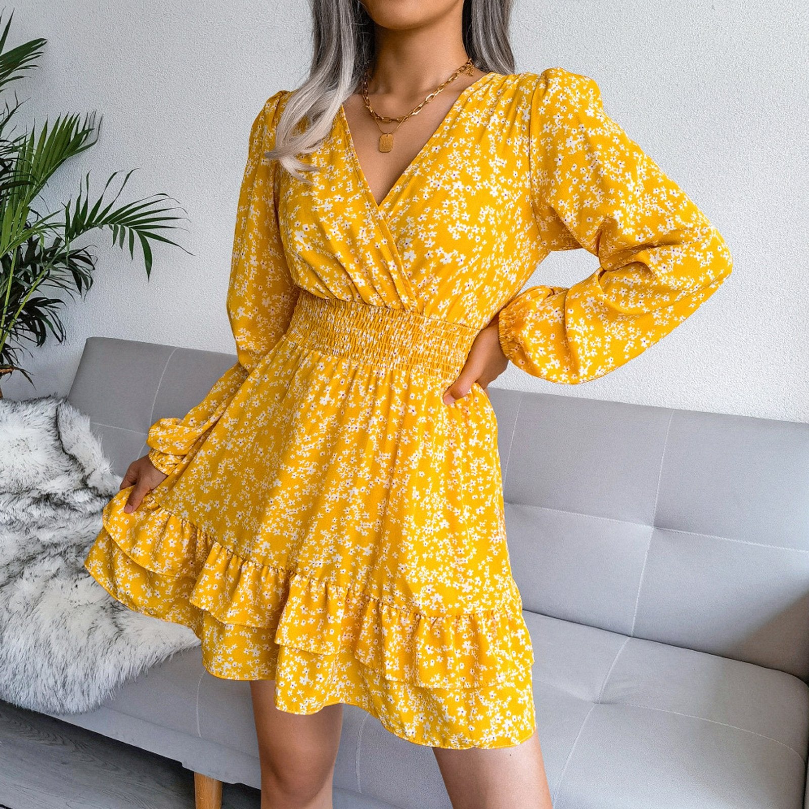 Fashion Long Sleeve Chiffon Dress Floral Printed Deep V-neck Midi Party Dress