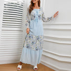 Square Neck Floral Print Lace up Front Flounce Sleeve Patchwork Maxi Dress