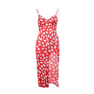 Red Allover Floral Print Slit Hem Cami Sexy Dress