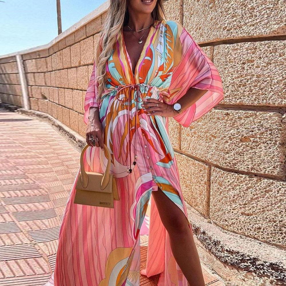 Tropical Print Dolman Sleeve Tie Front V Neck Maxi Dress