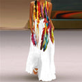 White Feather Print Sleeveless V Neck Maxi Dress