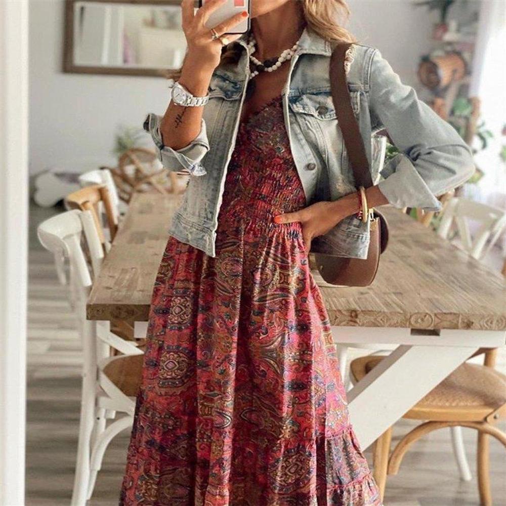 Burgundy Frill Trim Allover Floral Print Shirred Waist Maxi Dress
