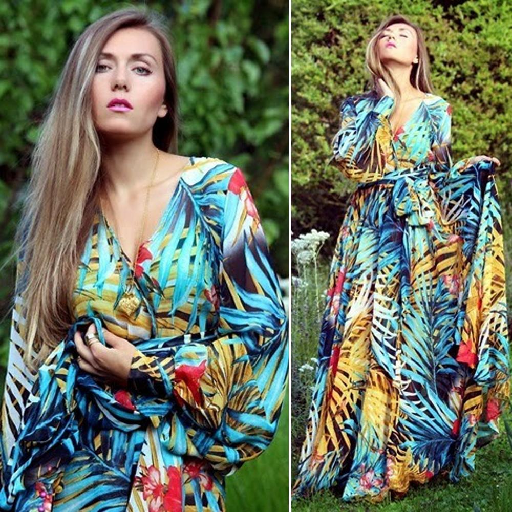 Tropical Leaves & Floral Print Lantern Sleeve V Neck Belted Maxi Dress