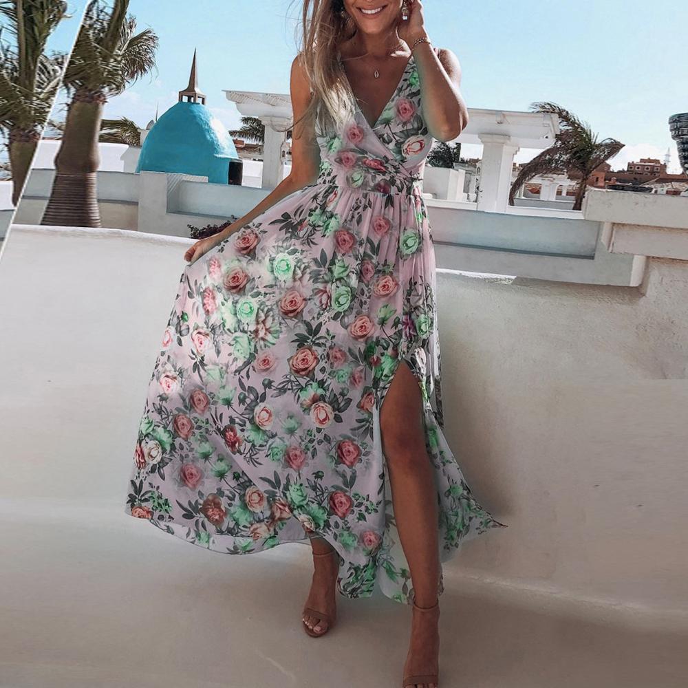 Floral Print Surplice Neck Sleeveless Split Thigh Maxi Dress
