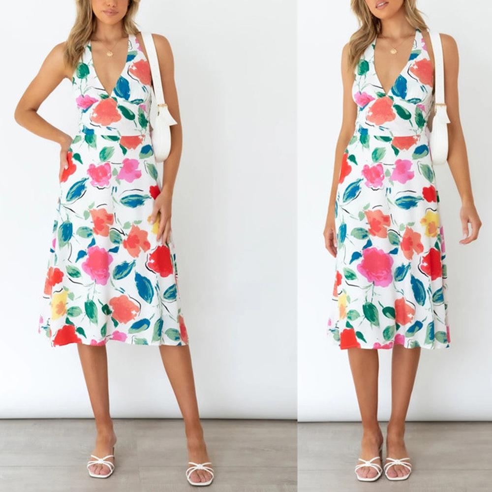 White Floral Print Halter Neck Open Back Cami Dress