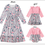 Mommy and Me Casual Dress Baby Grils Adult Long Sleeve Pink Flower Dress