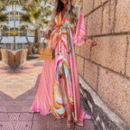 Tropical Print Dolman Sleeve Tie Front V Neck Maxi Dress