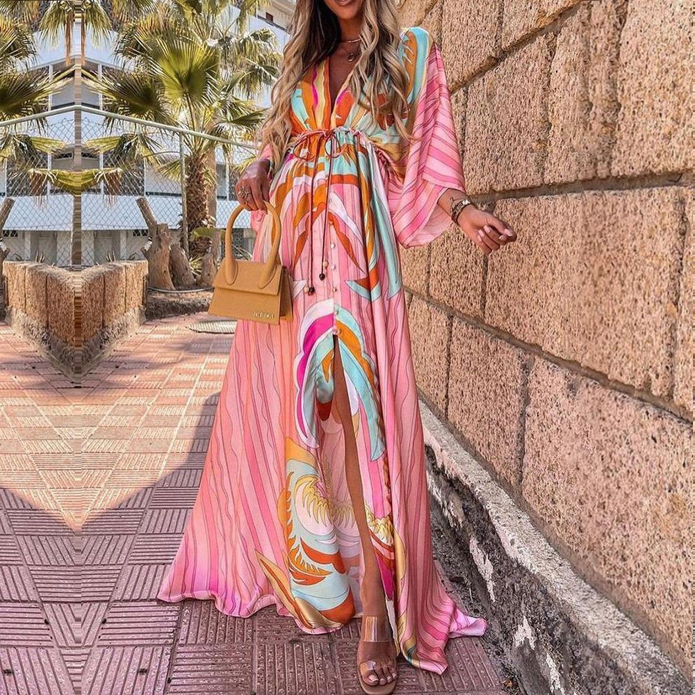Tropical Print Dolman Sleeve Tie Front V Neck Maxi Dress