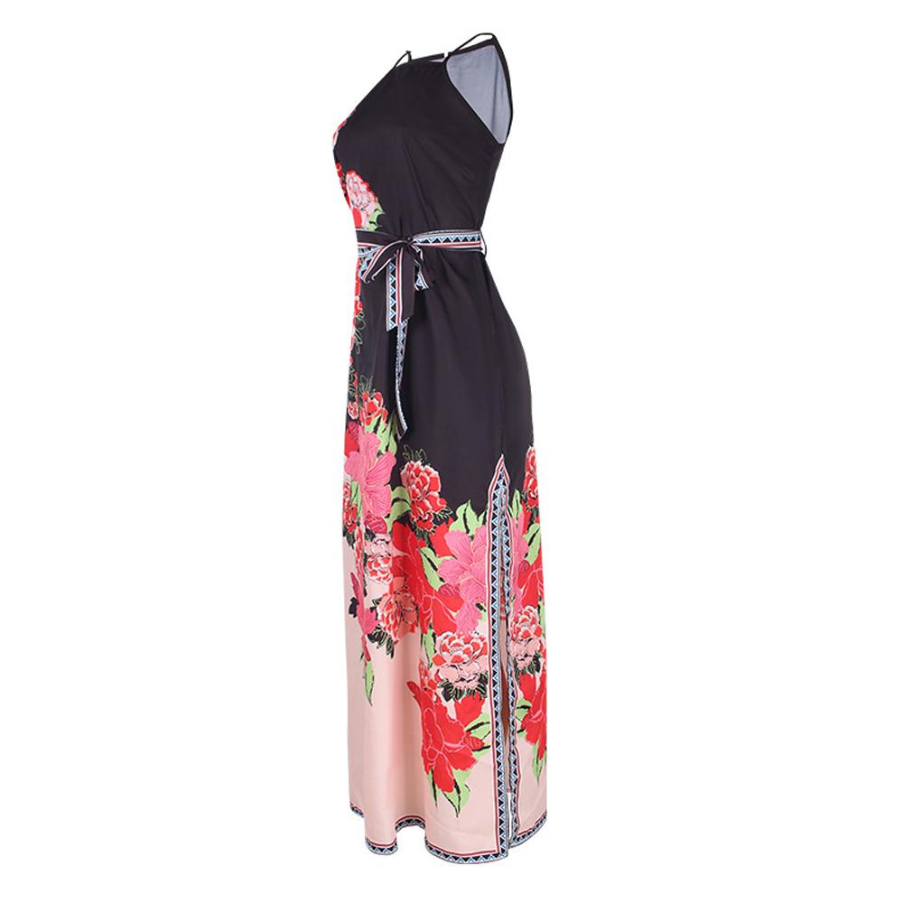 Floral Print Split Thigh Halter Neck Belted Cami Dress