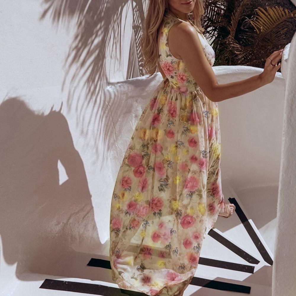 Floral Print Surplice Neck Sleeveless Split Thigh Maxi Dress