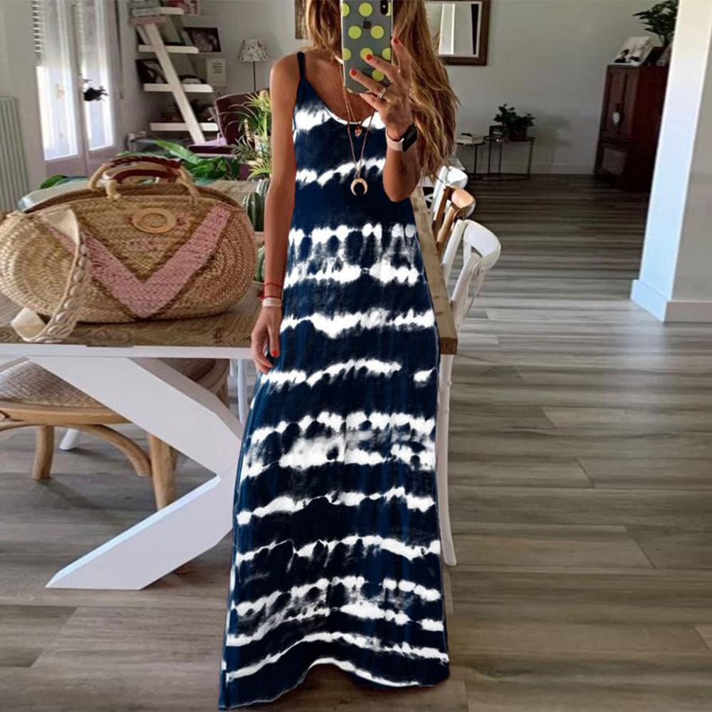 Striped Print Round Neck Maxi Cami Dress